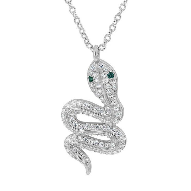 Sterling Silver With Rhodium, 12X24mm Snake Necklace With Cubic Zirconia