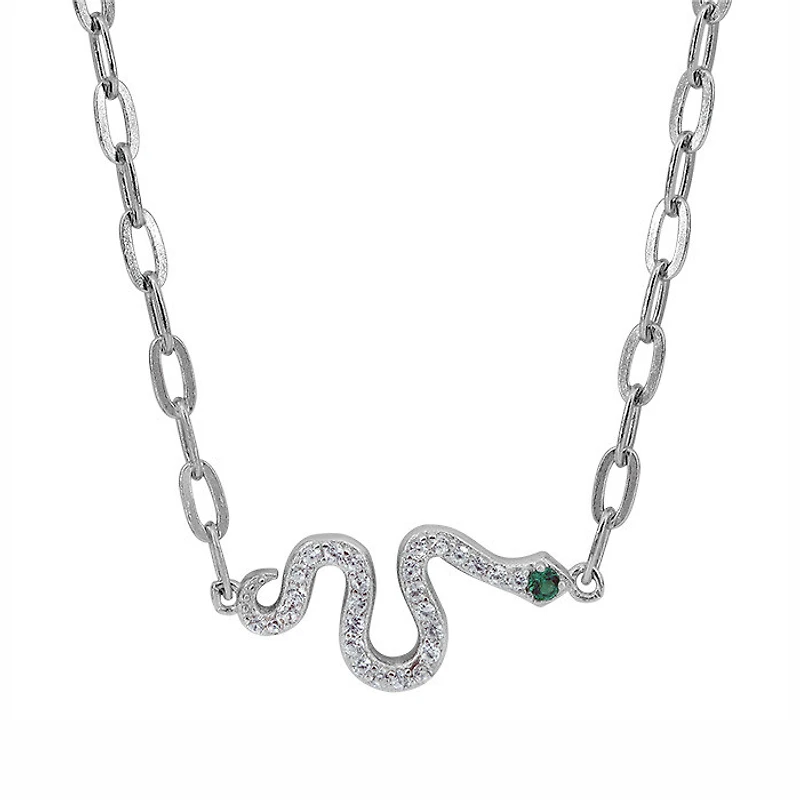 Sterling Silver With Rhodium, 8X15mm Snake Necklace With Cubic Zirconia