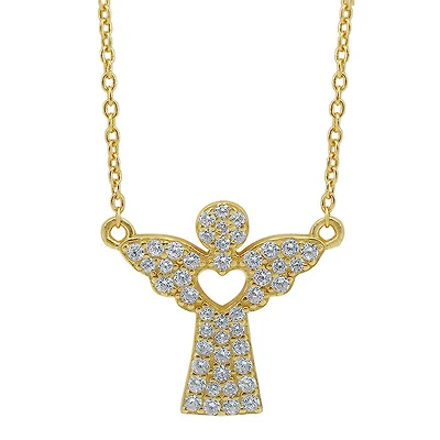 Sterling Silver With Gold, 16X17mm Angel Necklace With Cubic Zirconia