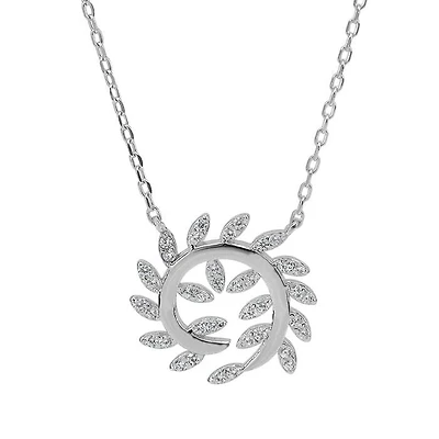 Sterling Silver With Rhodium, 16X18mm Leaves Necklace With Cubic Zirconia