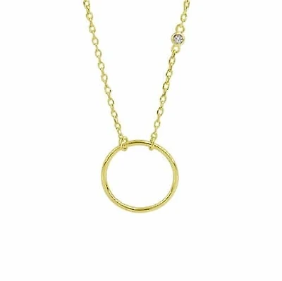 Sterling Silver With Gold,  17X1mm Loop Necklace With 3mm Cubic Zirconia