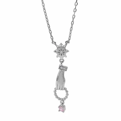 Sterling Silver With Rhodium, 8X31mm Hands Necklace With Cubic Zirconia