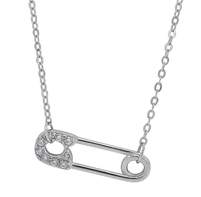 Sterling Silver With Rhodium, 18X6mm Safety Pin Necklace With Cubic Zirconia
