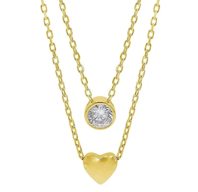 Sterling Silver With Gold, 6X6mm Heart And 5mm Cubic Zirconia Necklace