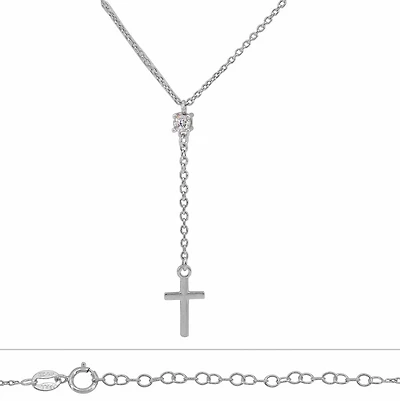 Sterling Silver With Rhodium Necklace With 3mm Diameter(Cz), 8X12mm(Cross)