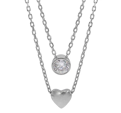 Sterling Silver With Rhodium, 6X6mm Heart And 5mm Cubic Zirconia Necklace