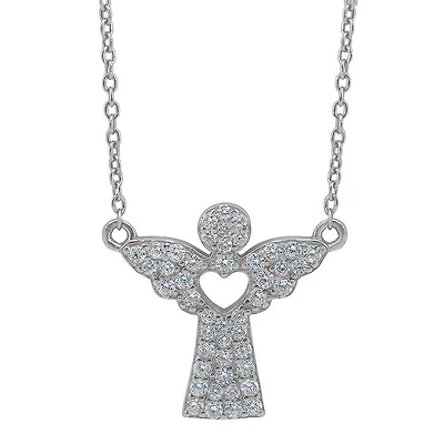Sterling Silver With Rhodium, 16X17mm Angel Necklace With Cubic Zirconia