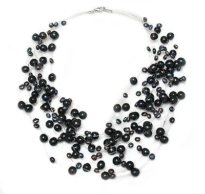 Peacock Freshwater Pearl, 14 Strand Mesh Necklace. Approximate Pearl Size:  3-8mm Diameter