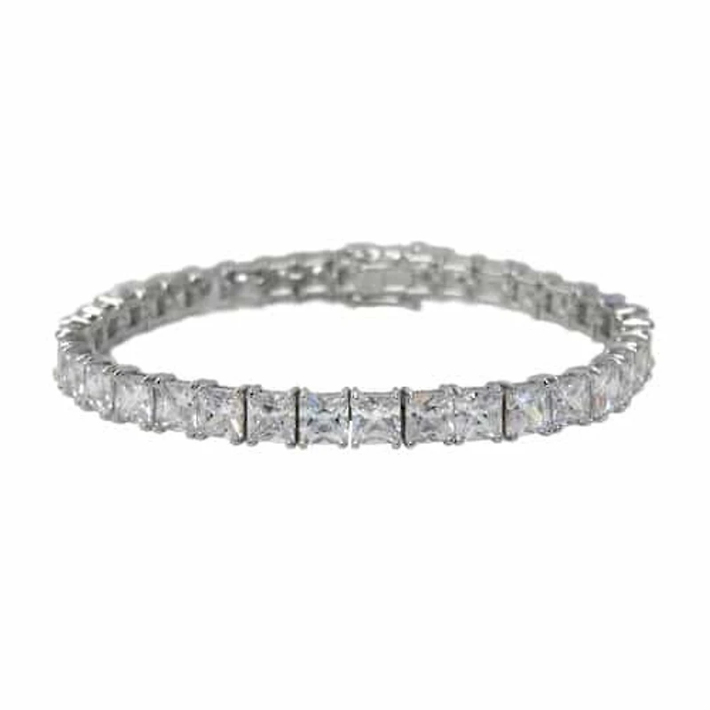 Sterling Silver With Rhodium, Square Cubic Zirconia Tennis Bracelet With Security Clasp