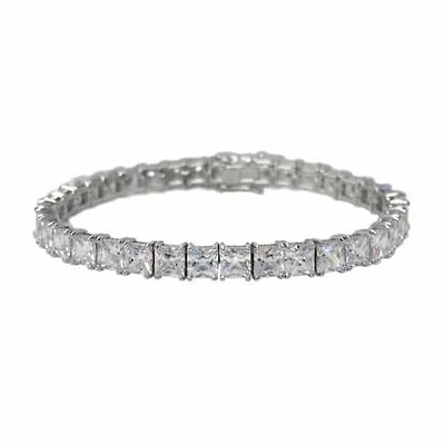 Sterling Silver With Rhodium, Square Cubic Zirconia Tennis Bracelet With Security Clasp