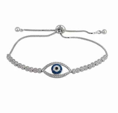 Sterling Silver With Rhodium, Adjustable Evil Eye Bracelet With Rubber Stopper, 10X20mm(Eye), 3mm(Cz)