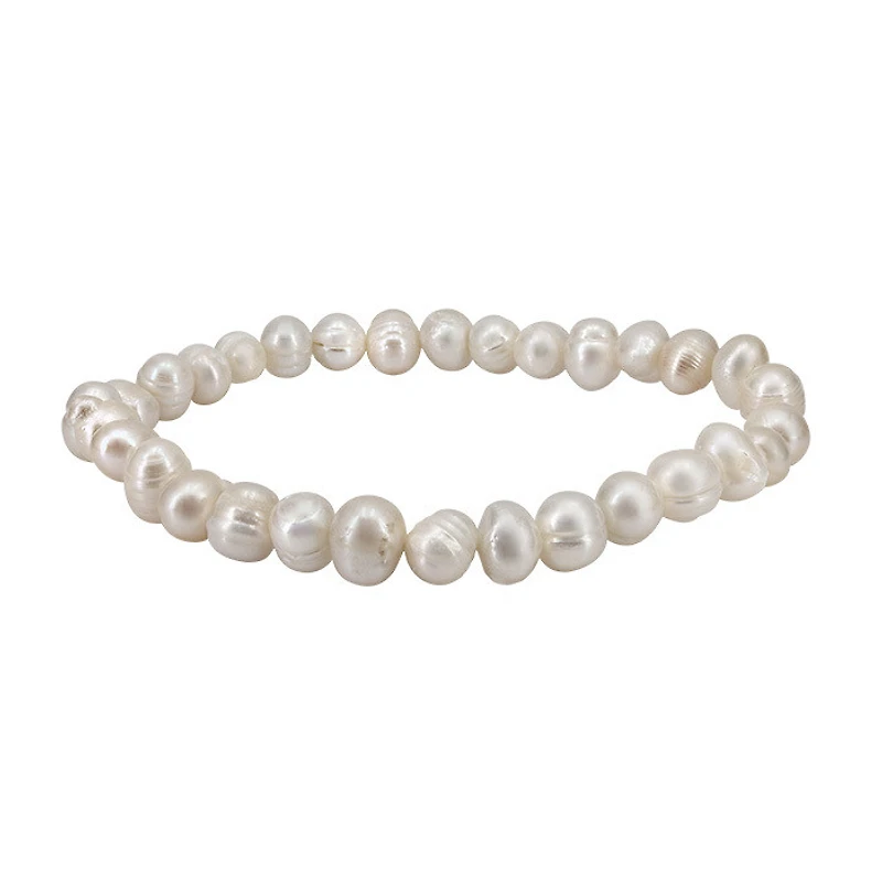 White Freshwater Pearl Elastic Bracelet, 6X8mm