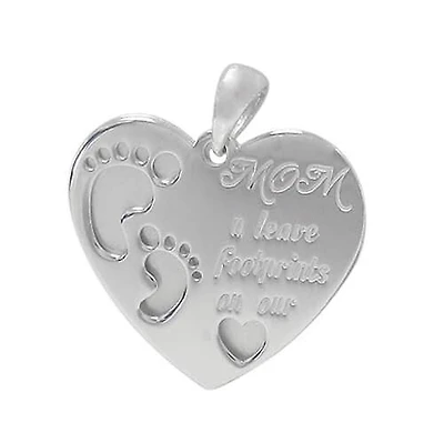 Rhodium Plated On Sterling Silver, Double Flat Heart Pendant With Words. Approximate Pendant Size: 17mm L X 20mm W