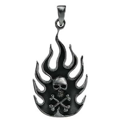 Sterling Silver, Fancy Style, Fire Shape Pendant With A Skull. Approx Pendant Size: 42mm L X 23mm W