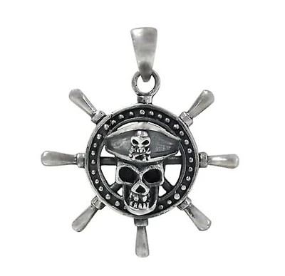 Sterling Silver, Pirate Skull Head With Boat Sailing Ship Wheel Pendant. Approximate Frame Size: 32mm Diameter