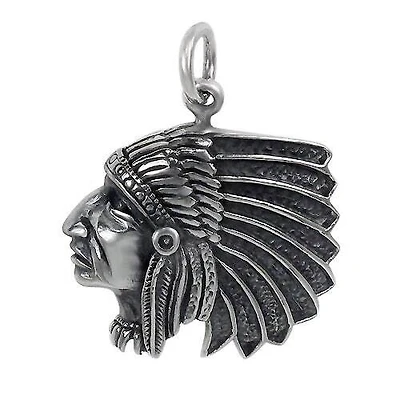Sterling Silver, Fancy Syle Pendant With A Detail Indian Chief Head Figure. Approx Pendant Size: 21mm L X 25mm W