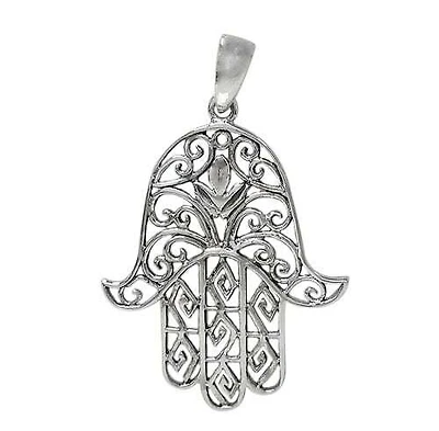 Sterling Silver, Hamsa Pendant With Filigree Design. Approx Pendant Size: 36mm L X 30mm W X 1.5mm T