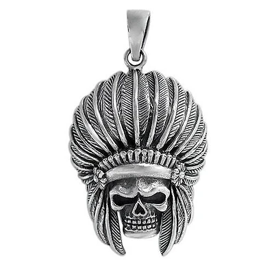 Sterling Silver, Smooth Skull Pendant With Headdress. Approx Pendant Size: 34mm L X 25mm W X 6mm T