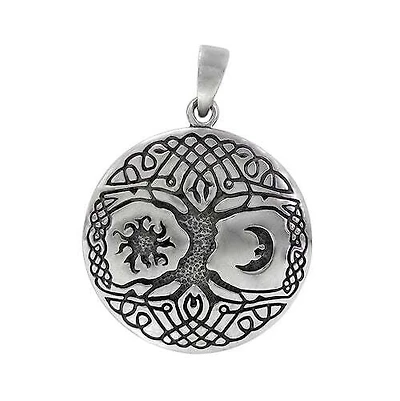 Sterling Silver, Tree Of Life, Crescent Moon And Sun Pendant. Approx Pendant Size: 30mm Diameter X 1.5mm Thickness