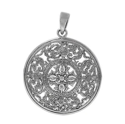 Sterling Silver, Round Pendant With Filigree Design. Approx Pendant Size: 34mm Diameter X 1mm Thickness