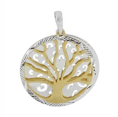 Sterling Silver Two Tone (Gold And Rhodium Plated), Tree Of Life Pendant, 22mm Diameter