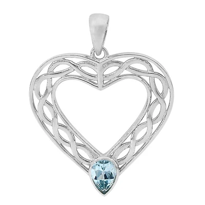 Sterling Silver With Rhodium, 31X32mm Celtic Pendant With 6X8mm Blue Topaz