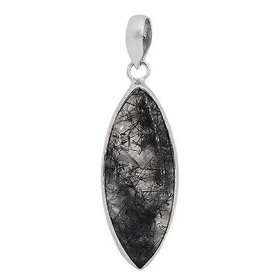Sterling Silver With Rhodium, 15X39mm Black Rutilated Quartz Pendant