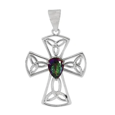 Sterling Silver, 25X33mm Celtic Knot Cross Pendant With 5X7mm Mystic Quartz