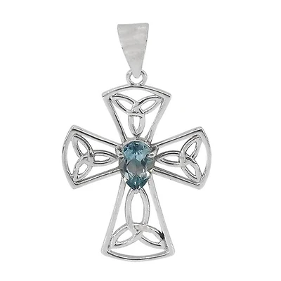 Sterling Silver, 25X33mm Celtic Knot Cross Pendant With 5X7mm Blue Topaz
