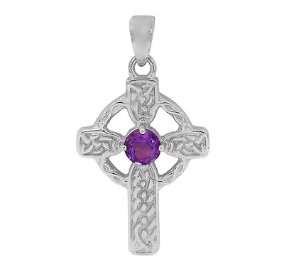 Sterling Silver With Rhodium, Celtic Cross Pendant With 6mm Amethyst, 31X22mm