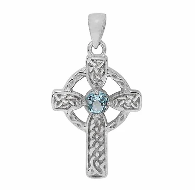 Sterling Silver With Rhodium, Celtic Cross Pendant With 6mm Blue Topaz, 31X22mm