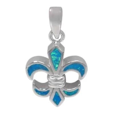 Sterling Silver With Rhodium, 19X16mm Fleur De Lis Pendant With Emulated Opal