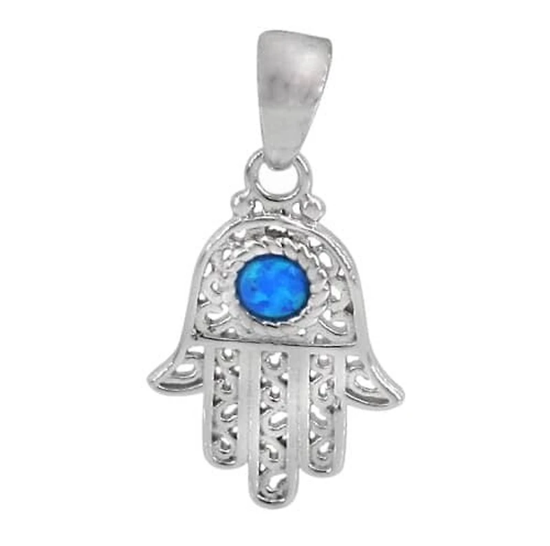 Sterling Silver With Rhodium, 23X15mm Hamsa Pendant With Emulated Opal