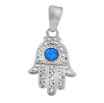 Sterling Silver With Rhodium, 23X15mm Hamsa Pendant With Emulated Opal