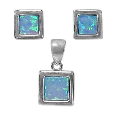 Sterling Silver With Rhodium Set, 7X7mm Earrings And 8X8mm Pendant