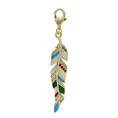 Sterling Silver With Gold, 8X34mm Feather Pendant With Cubic Zirconia