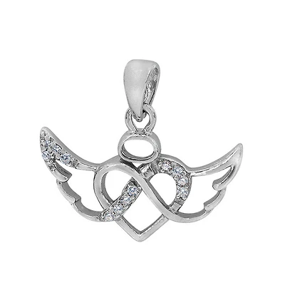 Sterling Silver With Rhodium, 12X21mm Heart And Wing Pendant With Cubic Zirconia