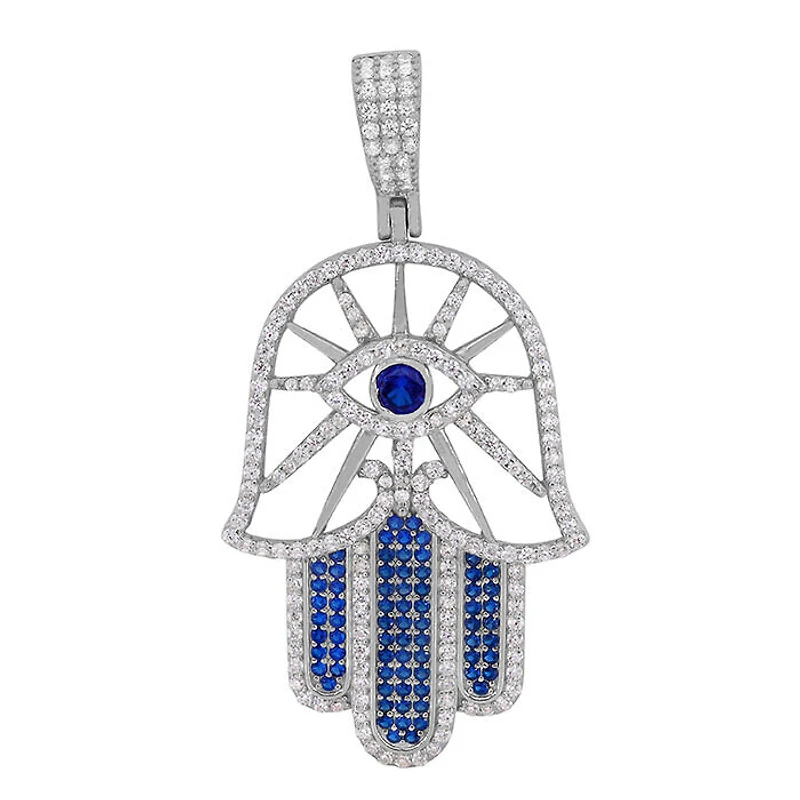 Sterling Silver With Rhodium, 27X40mm Hamsa And Evil Eye Pendant With Cubic Zirconia