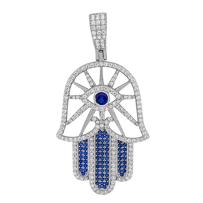 Sterling Silver With Rhodium, 27X40mm Hamsa And Evil Eye Pendant With Cubic Zirconia