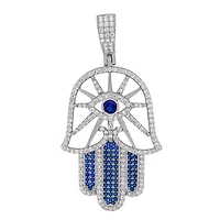 Sterling Silver With Rhodium, 27X40mm Hamsa And Evil Eye Pendant With Cubic Zirconia