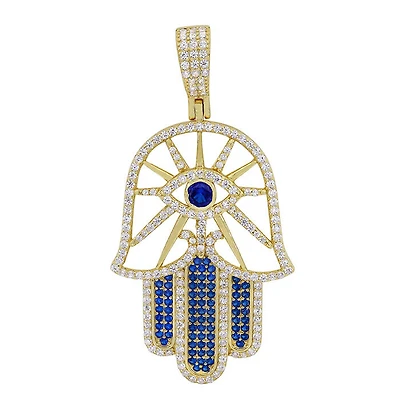 Sterling Silver With Gold, 27X40mm Hamsa And Evil Eye Pendant With Cubic Zirconia
