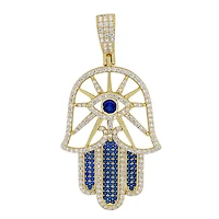 Sterling Silver With Gold, 27X40mm Hamsa And Evil Eye Pendant With Cubic Zirconia