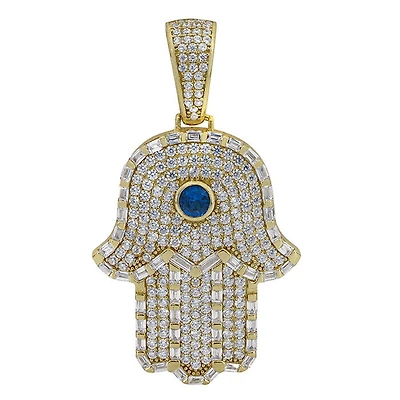 Sterling Silver With Gold, 29X37mm Hamsa Pendant With Cubic Zirconia