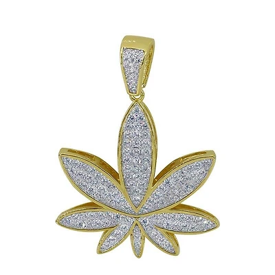 Sterling Silver With Gold, 31X30mm Marijuana Leaf Pendant With Cubic Zirconia