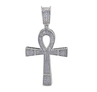 Sterling Silver With Rhodium, 34X24mm Ankh Cross Pendant With Cubic Zirconia