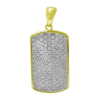 Sterling Silver With Gold, 20X12mm Rectangular Tag Pendant With Cubic Zirconia