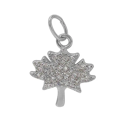 Sterling Silver With Rhodium, 12X12mm Maple Leaf Pendant With Cubic Zirconia