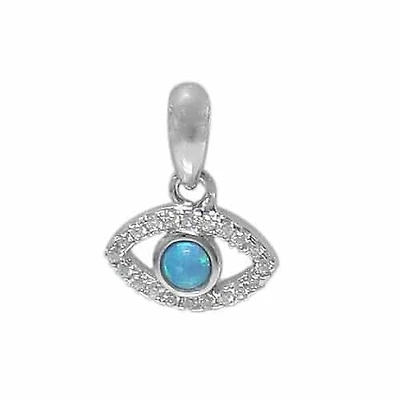 Rhodium Plated On Sterling Silver, Evil Eye Pendant With 3mm Emulated Opal And Faceted Stone. Approximate Frame Size: 7mm L X 10mm W X 3mm T