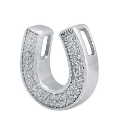 Rhodium Plated On Sterling Silver, Horseshoes Pendant With Faceted Stone. Approx Frame Size: 13mm L X 12mm X 4mm T