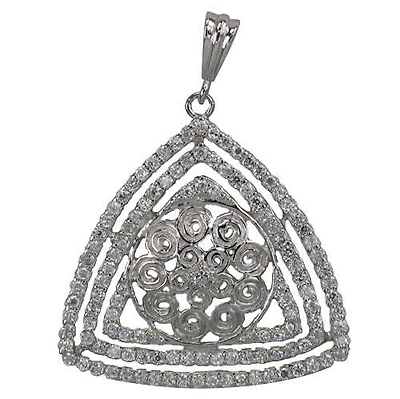 Rhodium Plated On Sterling Silver, Fancy Triangular Shape Stone Pendant With Detail Design. Approx Pendant Size: 32mm L X 34mm W.